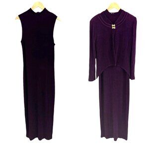 Joseph Ribkoff Dark Purple Stretch Knit Long Gown Dress +Matching Jacket Size 10